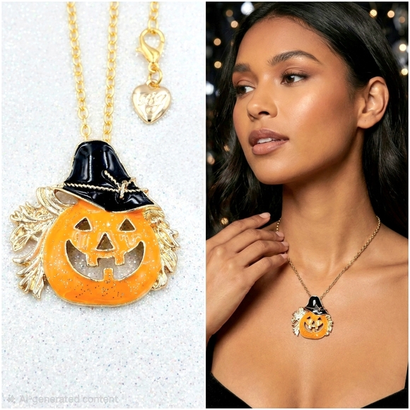 Gold plated Orange and black crystal Jack o lantern witch necklace/brooch - Picture 1 of 12